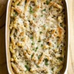 close up of baked ziti in the pan
