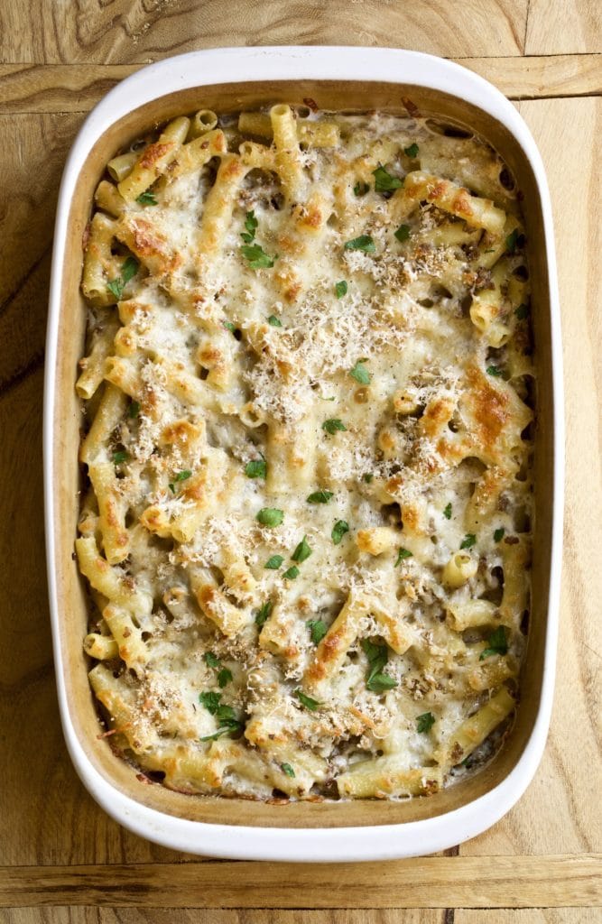 close up of baked ziti in the pan