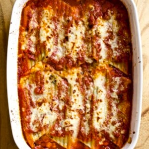 pan of spinach and mushroom manicotti