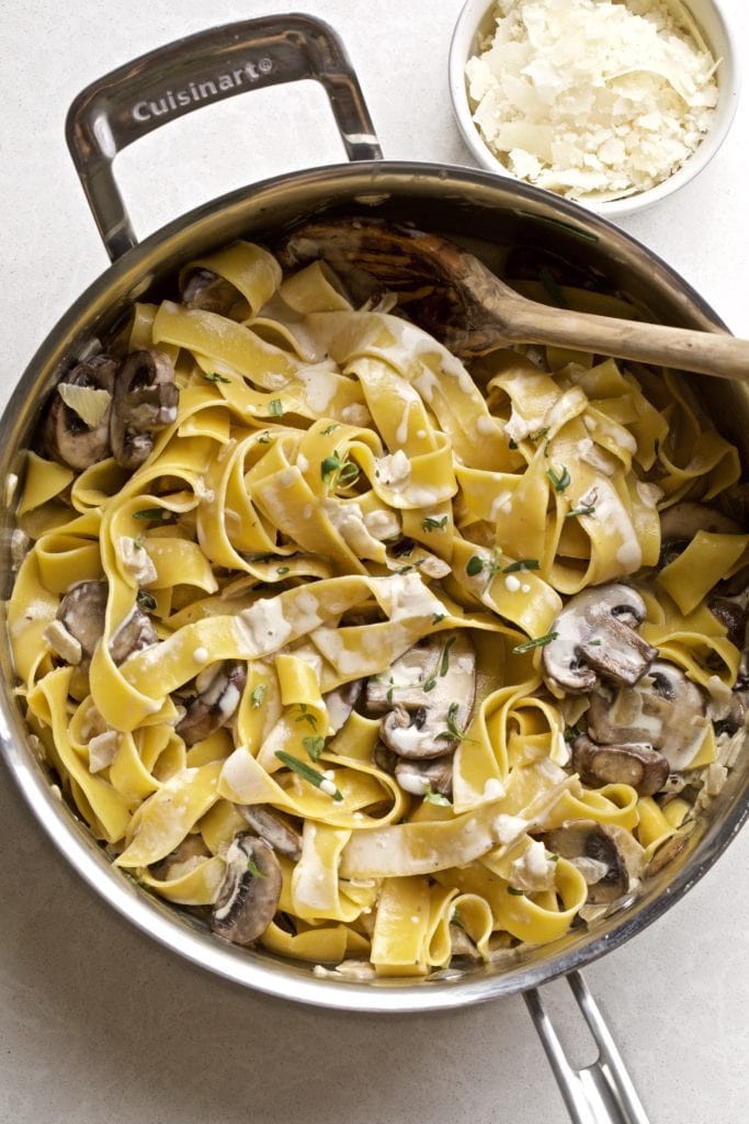 Creamy Mascarpone Mushroom Pappardelle Pasta in a skillet