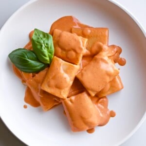 Roasted red pepper pasta (no cook sauce) on a plate