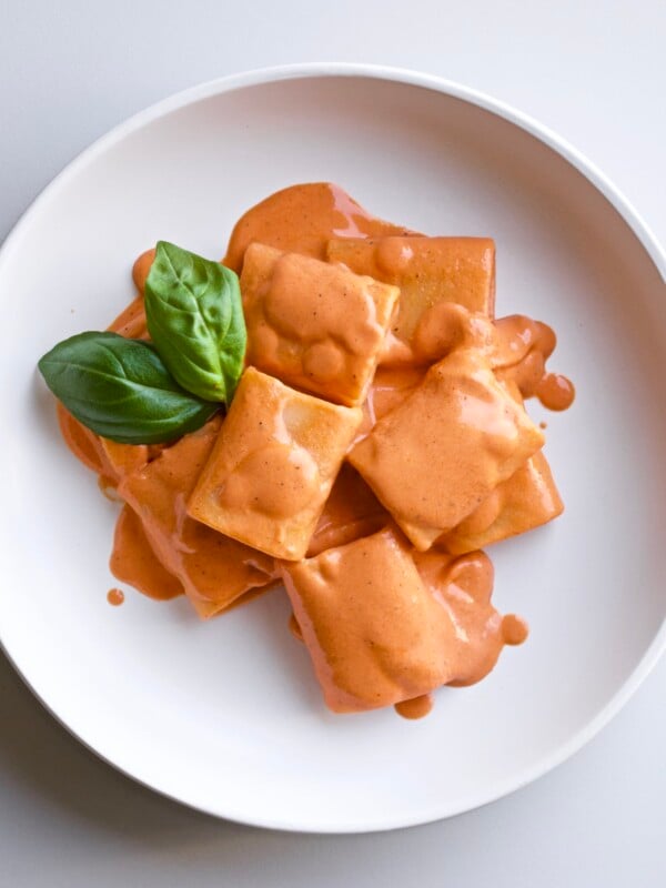 Roasted red pepper pasta (no cook sauce) on a plate