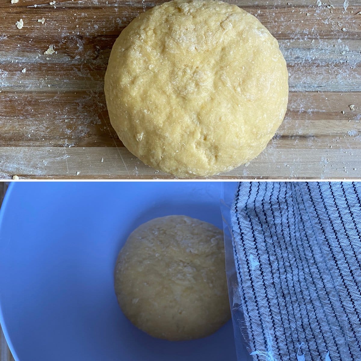 Collage of a ball of pappardelle pasta dough.