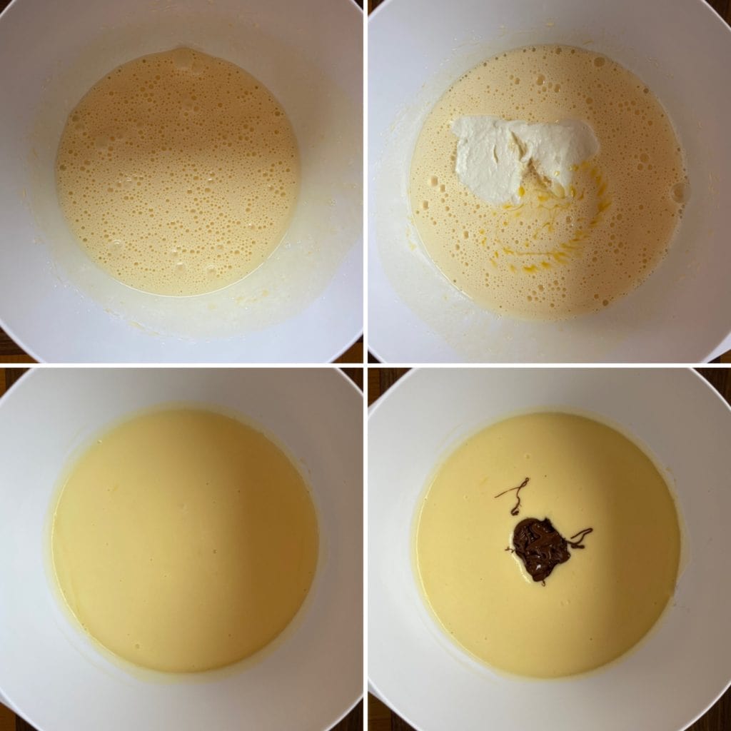 Collage of adding wet ingredients to a bowl and mixing them.