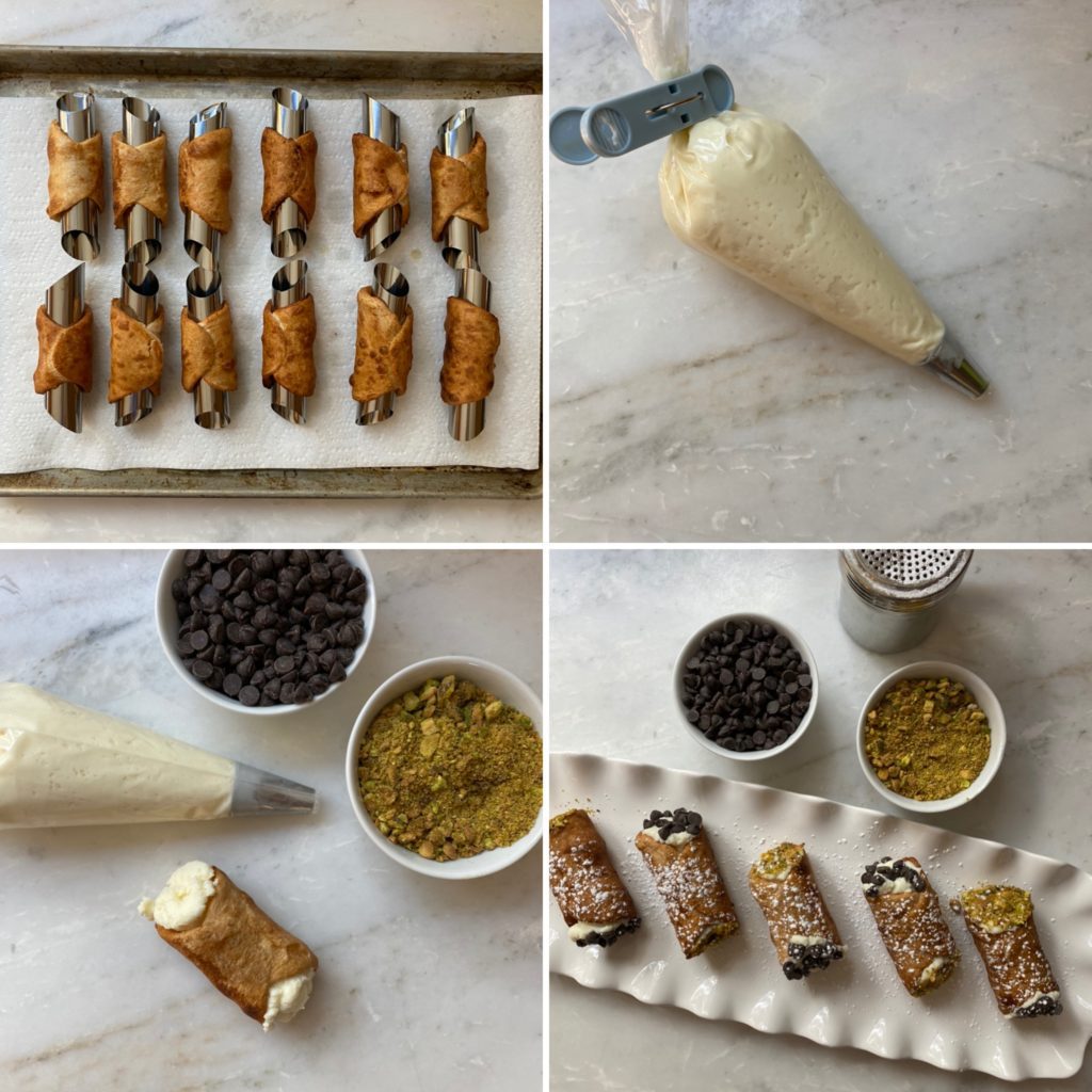 Plating and filling cooked cannoli.