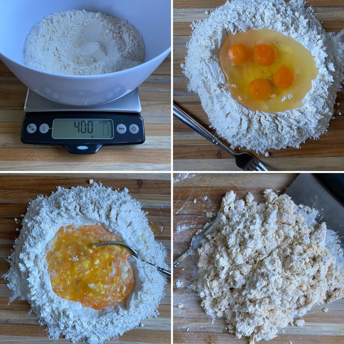 Collage of the process of making pappardelle pasta dough by adding eggs.