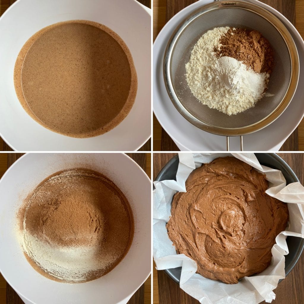 Collage of adding dry ingredients to a bowl of wet ingredients to create a batter.
