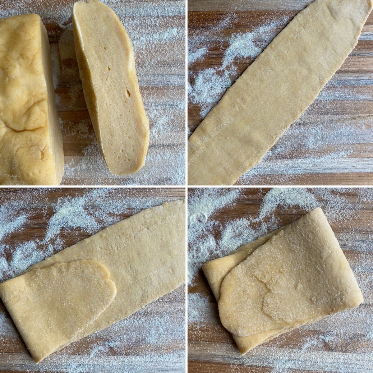 Collage of folding and rolling pappardelle pasta dough.