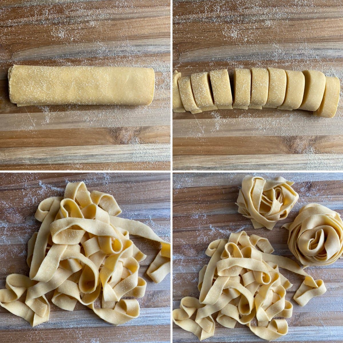 Collage of rolling and then cutting pappardelle pasta dough.
