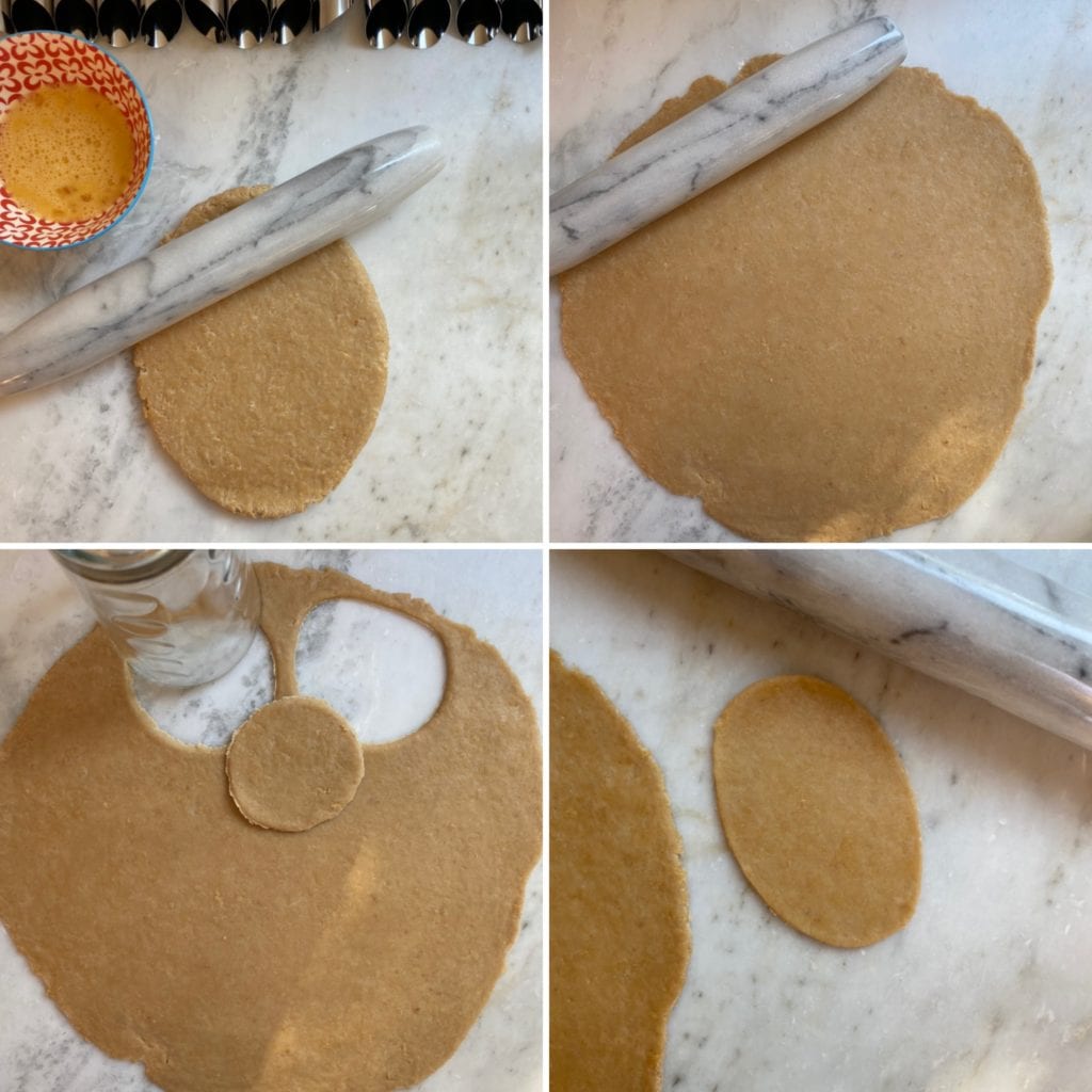 Step by step making the cannoli dough- rolling out the dough and using a cookie cutter to cut it into rounds