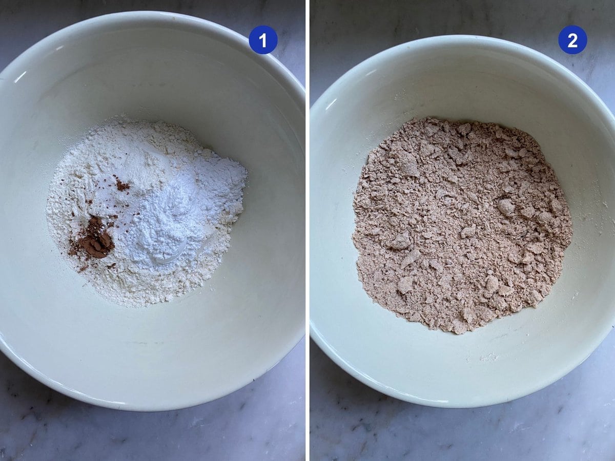 A collage showing the ingredients for cannoli shells in a bowl and then mixed.