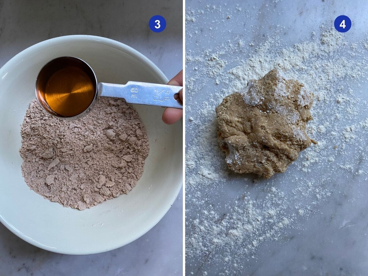 A collage showing adding the marsala wine and then roughly mixed on a floured surface.