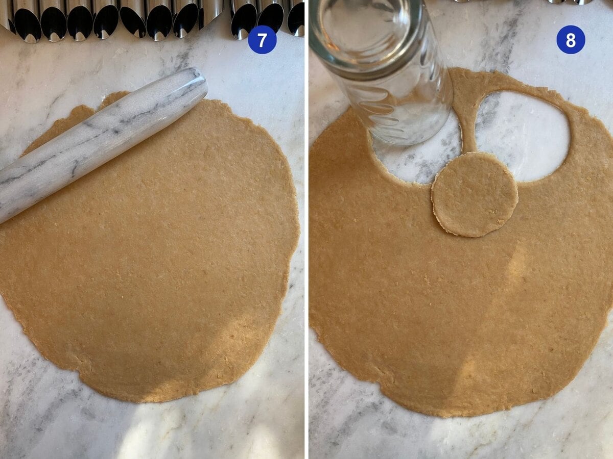 Cannoli dough rolled out flat and then cut into circles.