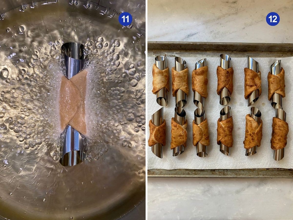 Frying a cannoli shell and then all the cooked shells on a baking tray.