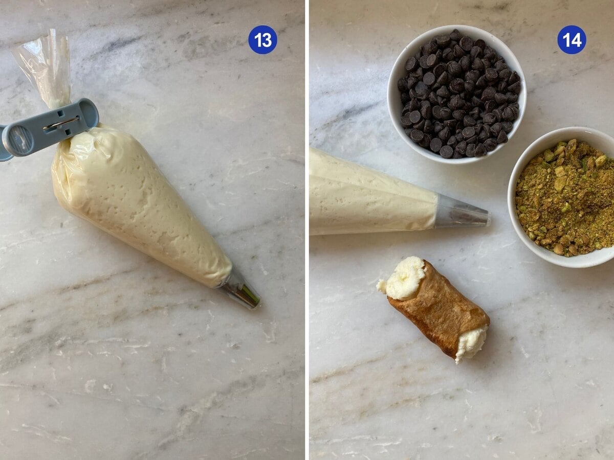 Filling in a pastry bag and then piped into the cannoli shell.