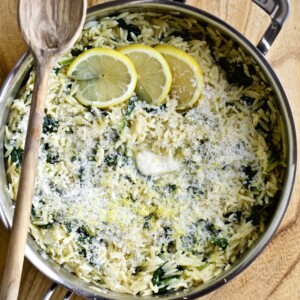 Creamy Lemon Orzo Pasta in a pan
