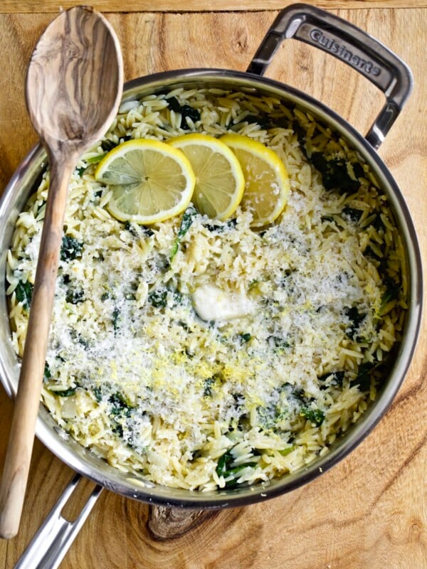 Creamy Lemon Orzo Pasta in a pan