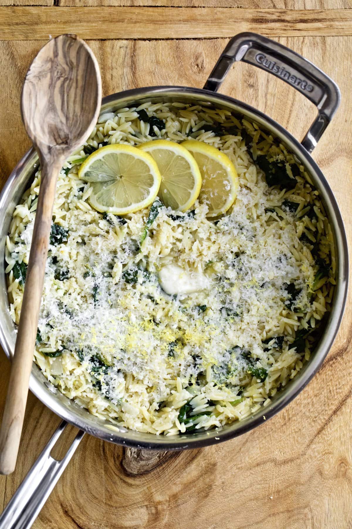 Creamy Lemon Orzo Pasta in a pan