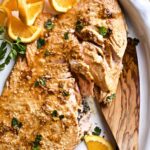 Baked honey orange sesame salmon missing a piece.