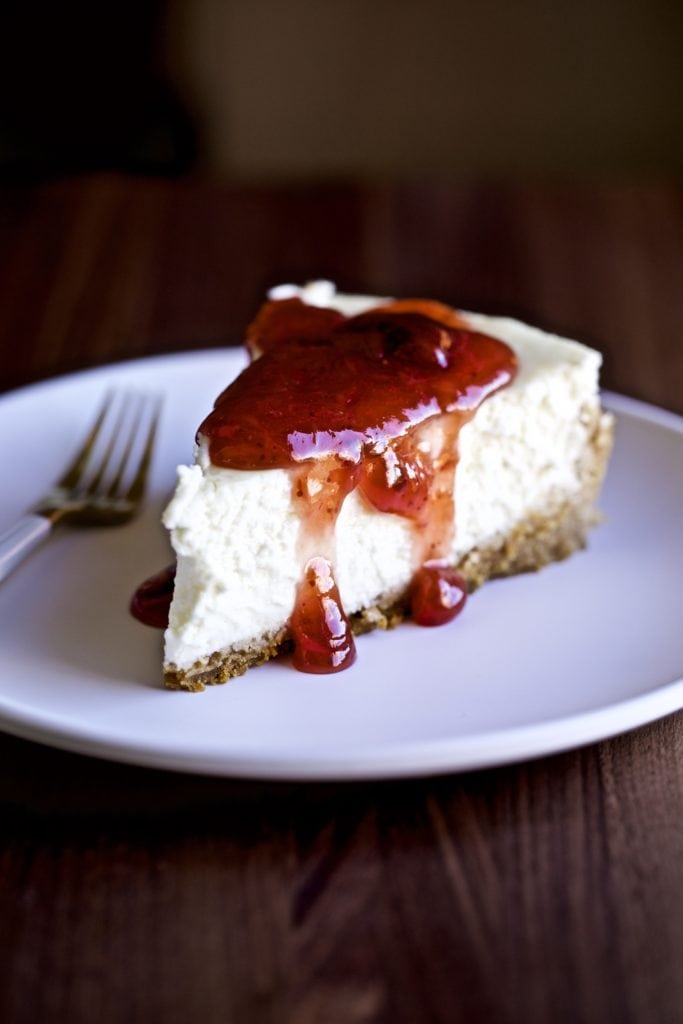 Tried and true cheesecake recipe with strawberry sauce