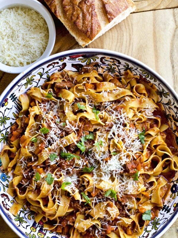 beef short rib sauce with pappardelle pasta in a bowl