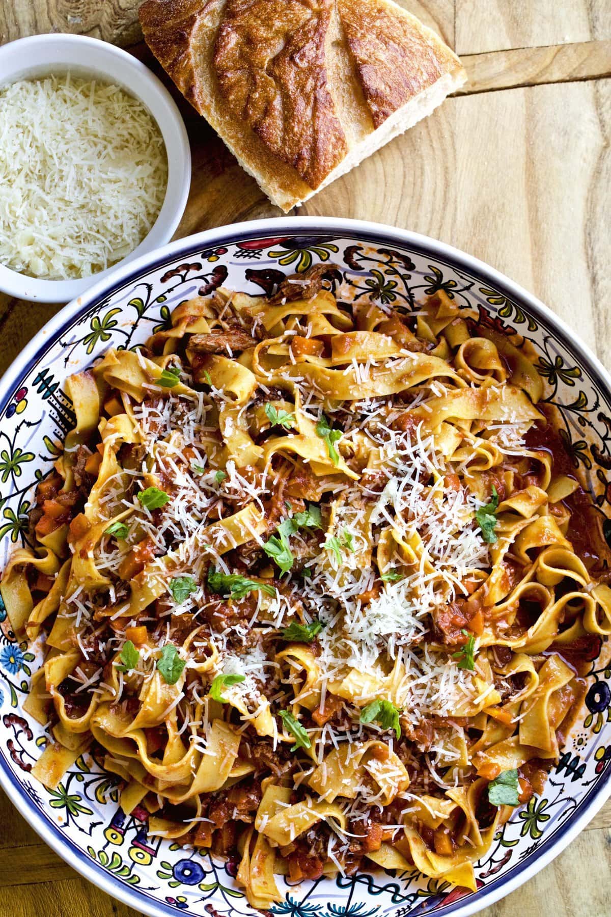 beef short rib sauce with pappardelle pasta in a bowl