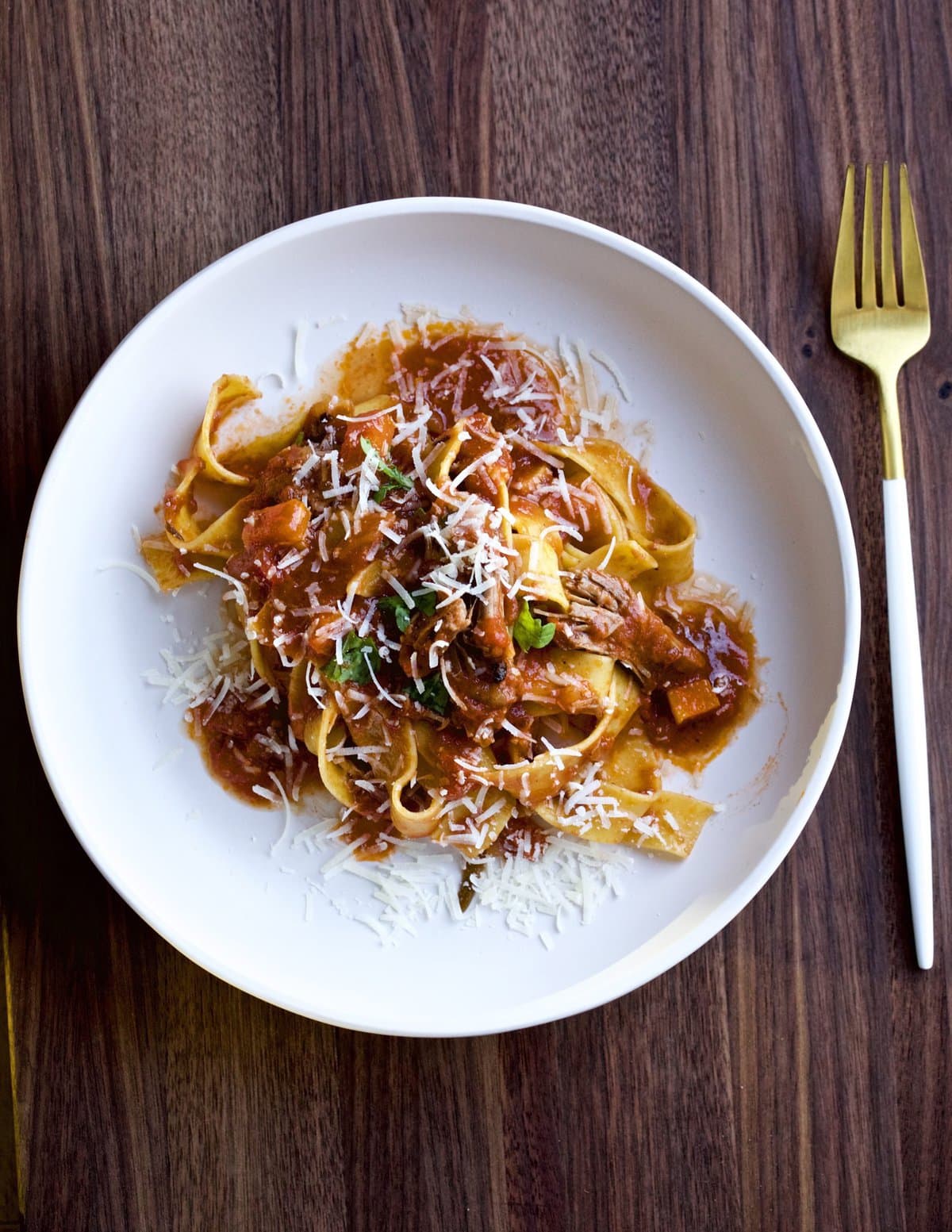 Plate of beef short rib sauce with pappardelle pasta.
