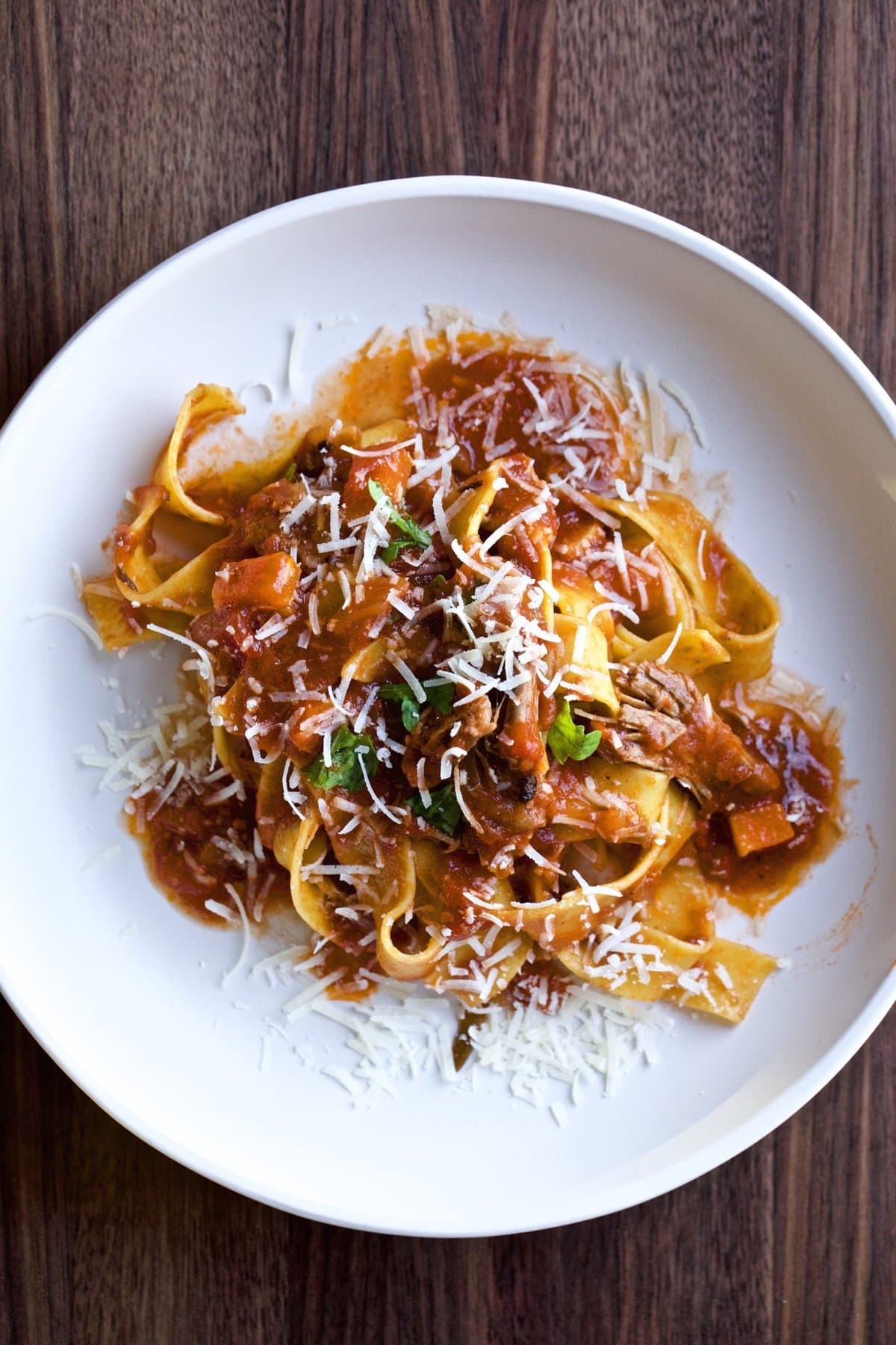 Beef short rib sauce with pappardelle pasta on a plate.
