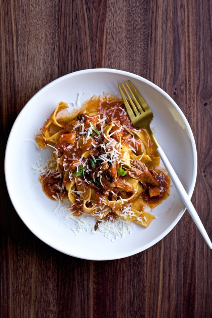 beef short rib sauce with pappardelle pasta in a bowl