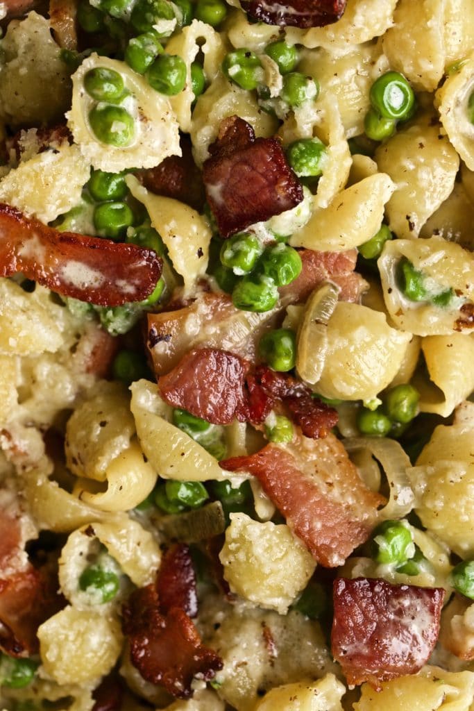 Creamy pasta shells with petite peas and bacon close up shot