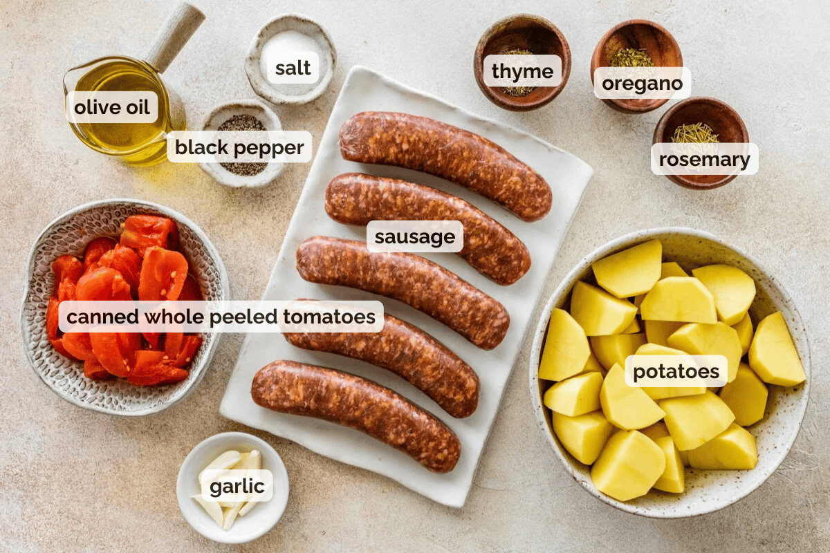 Recipe ingredients for sausage sheet pan dinner recipe.