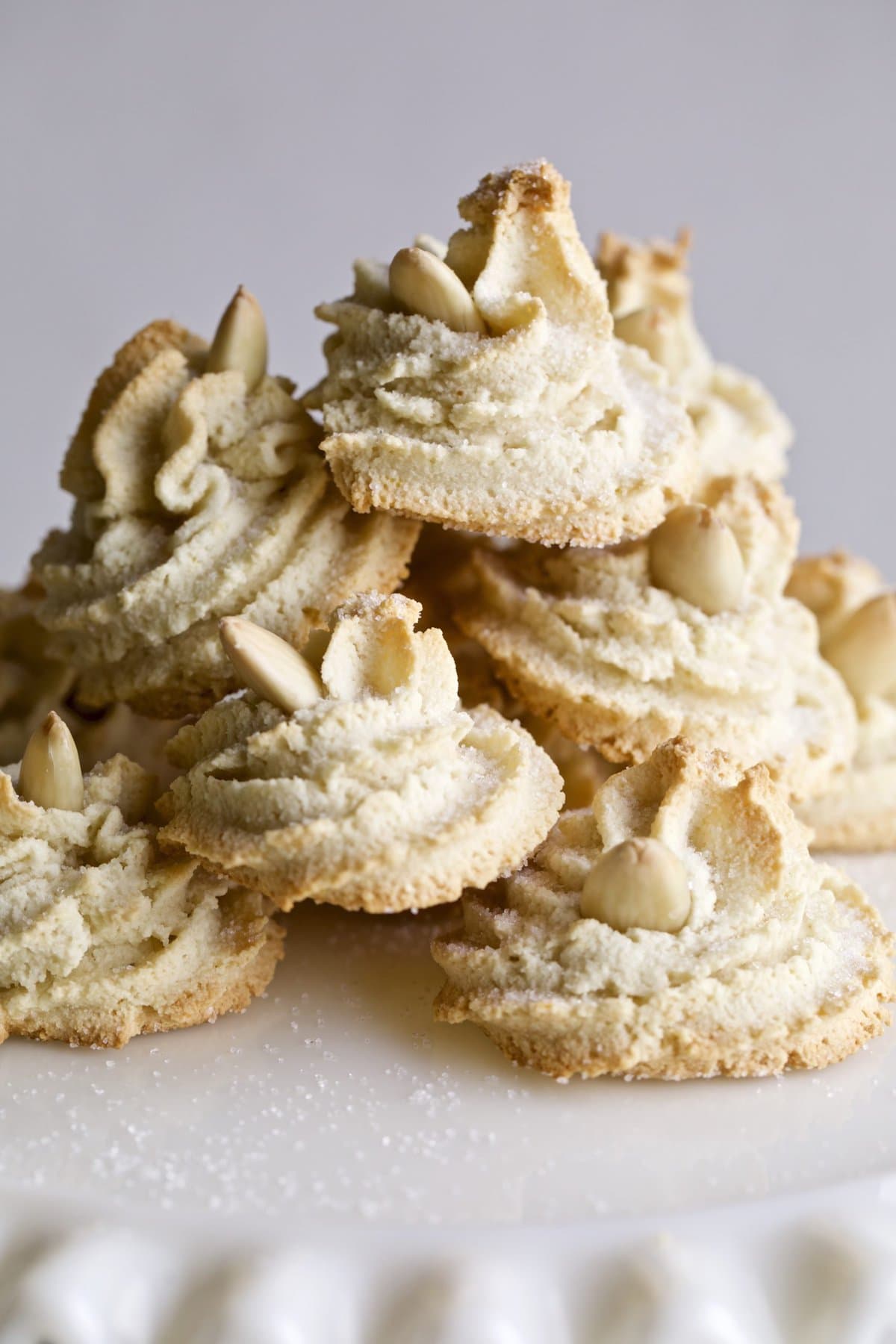 Soft Amaretti Cookies Italian Almond Cookies on a cake plate