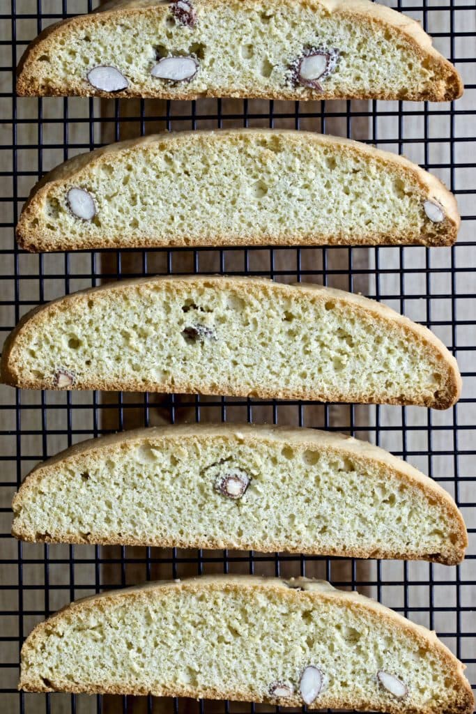 Classic Italian biscotti on a wire rack.