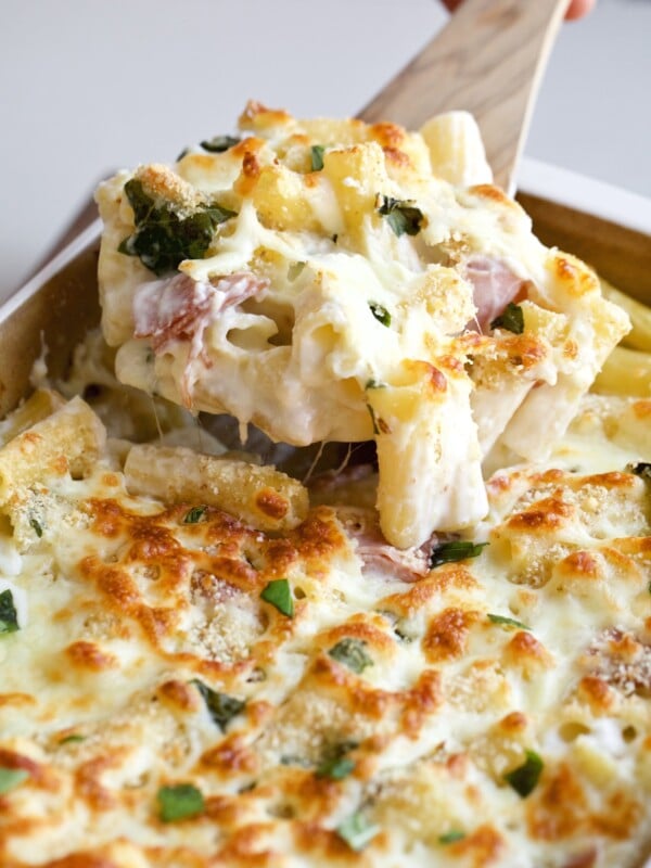 Baked Bechamel ham and cheese pasta take a piece out of pan