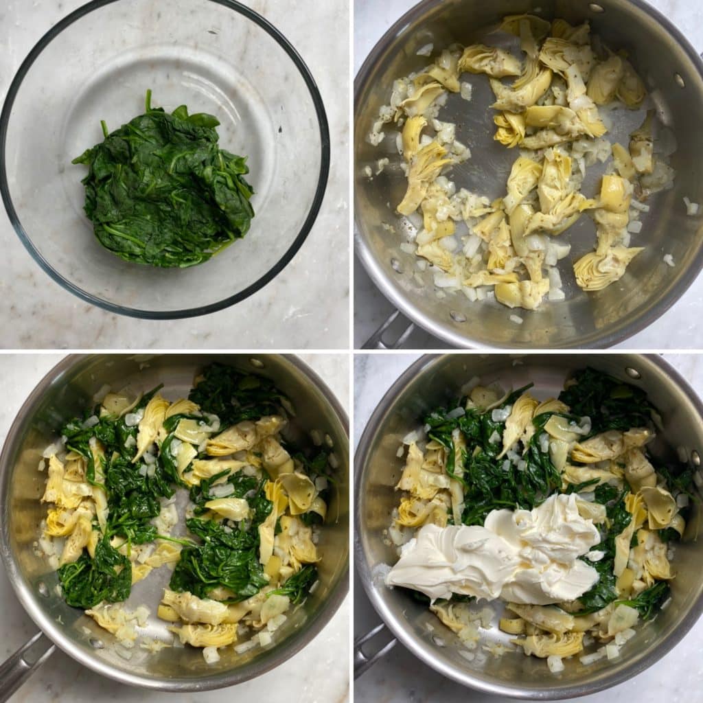 Collage of adding ingredients into a saucepan to make artichoke spinach dip.