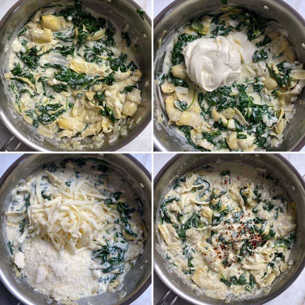 Collage of adding cheese to a saucepan to make artichoke spinach dip.