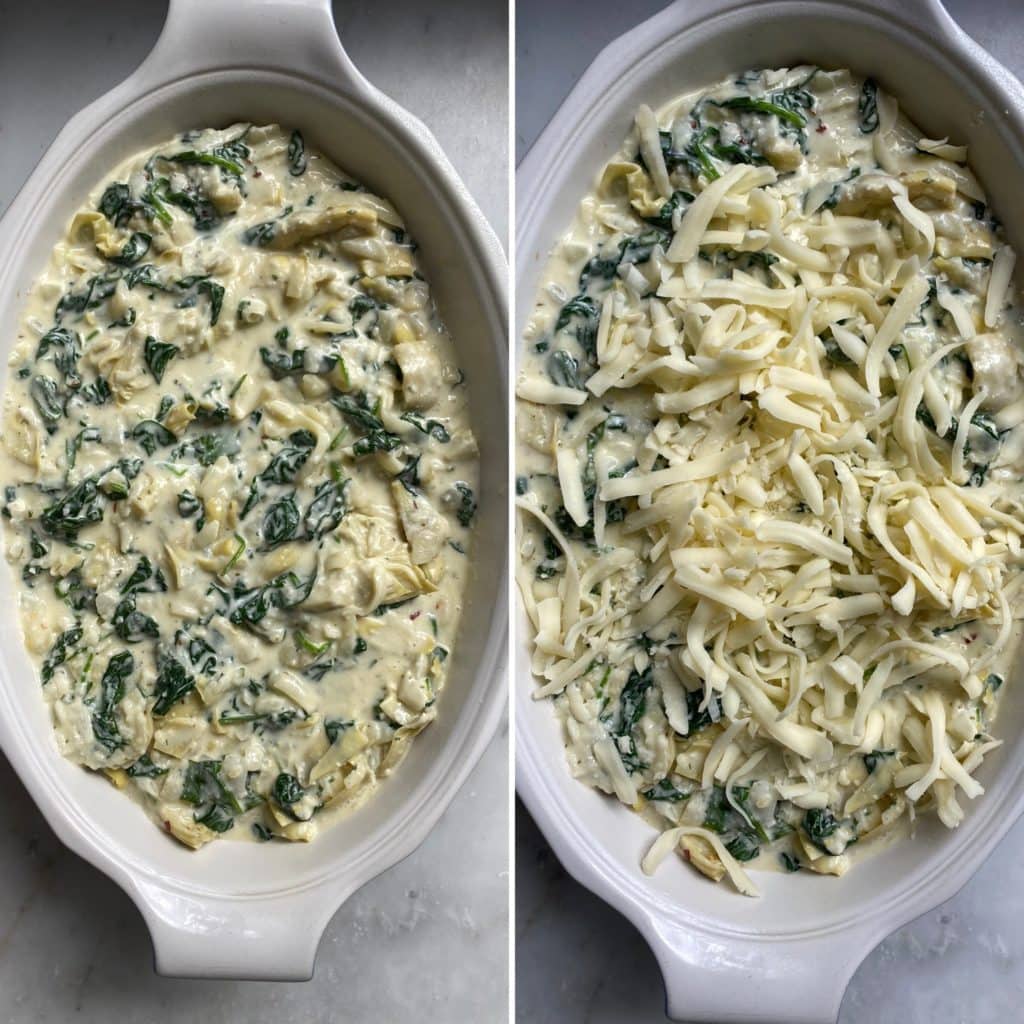 Collage of a baking dish of artichoke spinach dip being topped with cheese.