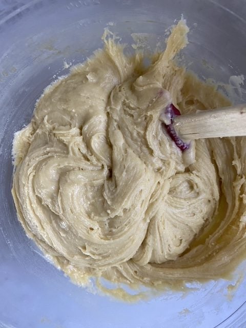 Spatula in a bowl of biscotti dough.