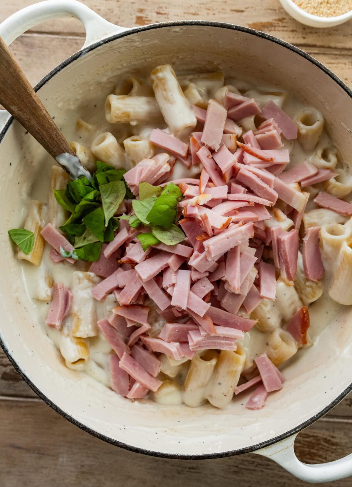 Ham and basil added to the pot.