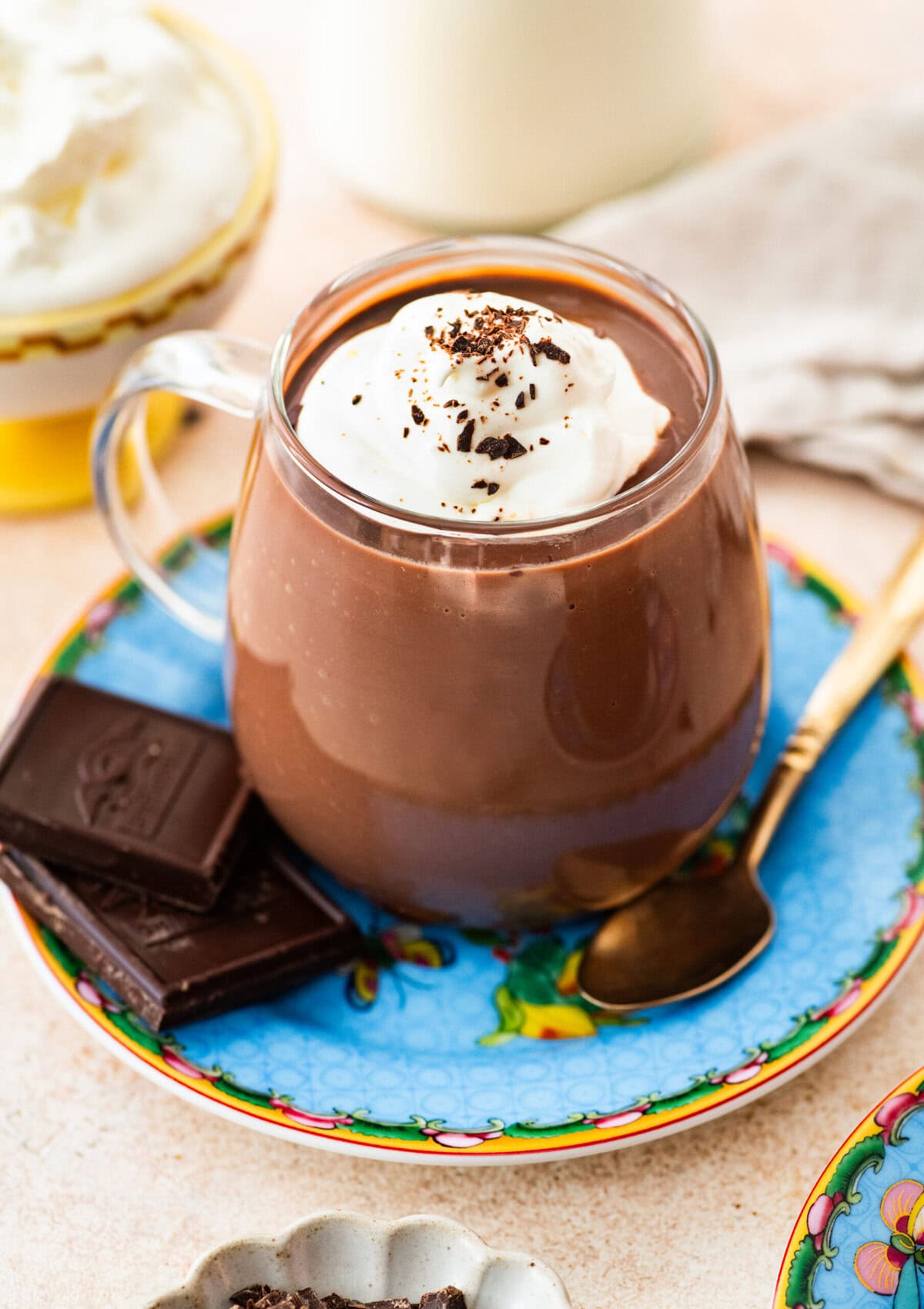 glass mug of hot chocolate with whipped cream and shaved chocolate.
