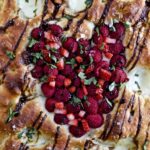 Sweet Focaccia Bread with raspberries and balsamic close up