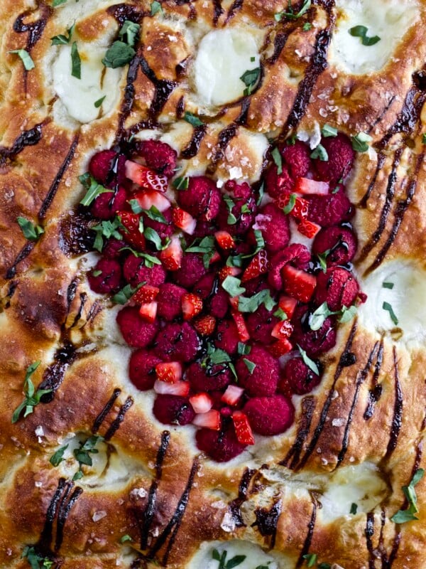 Sweet Focaccia Bread with raspberries and balsamic close up