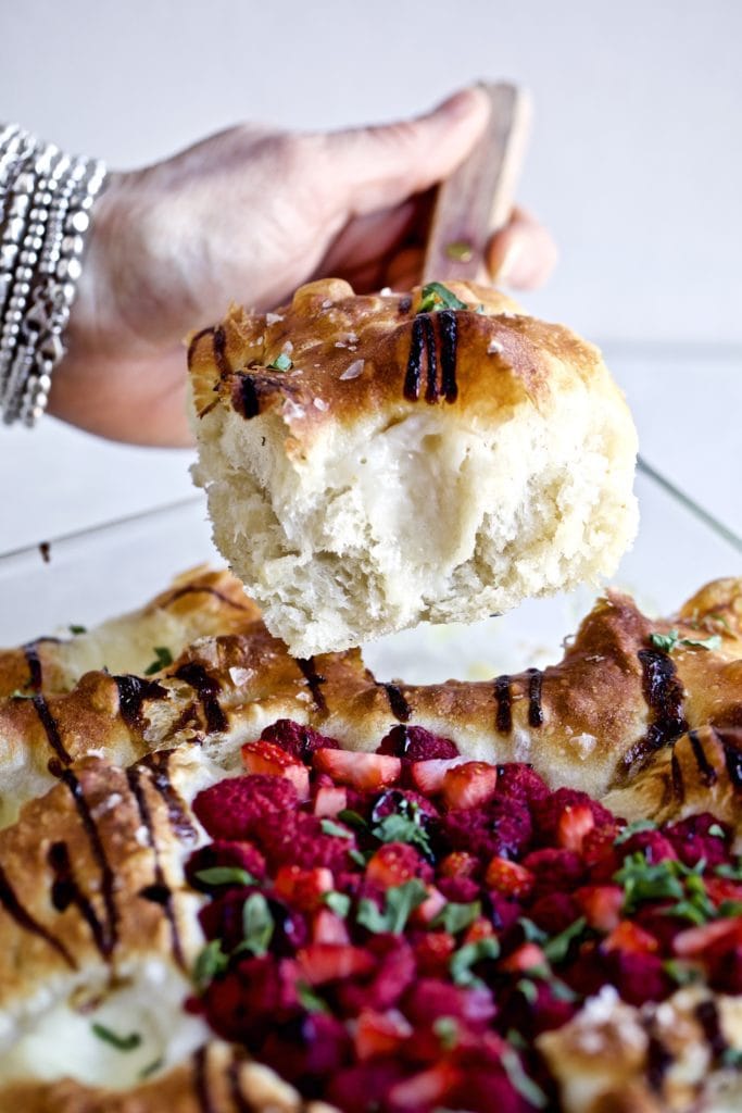 Sweet Focaccia Bread with raspberries and balsamic 