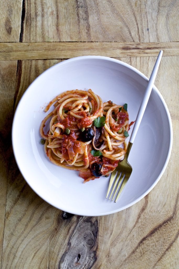 Authentic Pasta Puttanesca on a plate