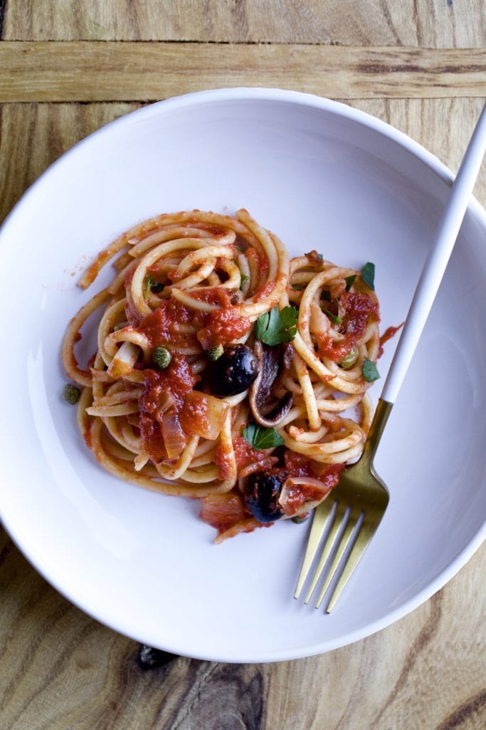 Pasta in a bowl with a fork