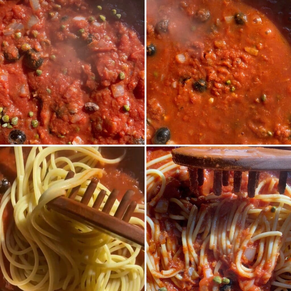 Spaghetti alla Puttanesca being stirred with a spoon.