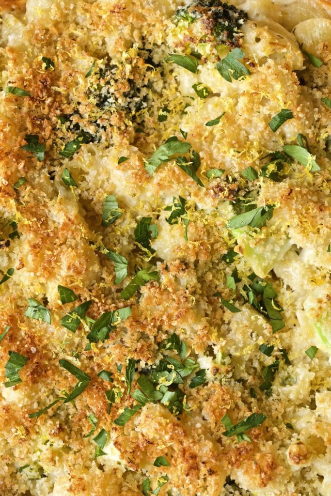 Baked Broccoli and Cheese Pasta up close photo of pasta bake