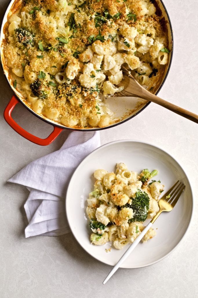 Baked Broccoli and Cheese Pasta in a dish