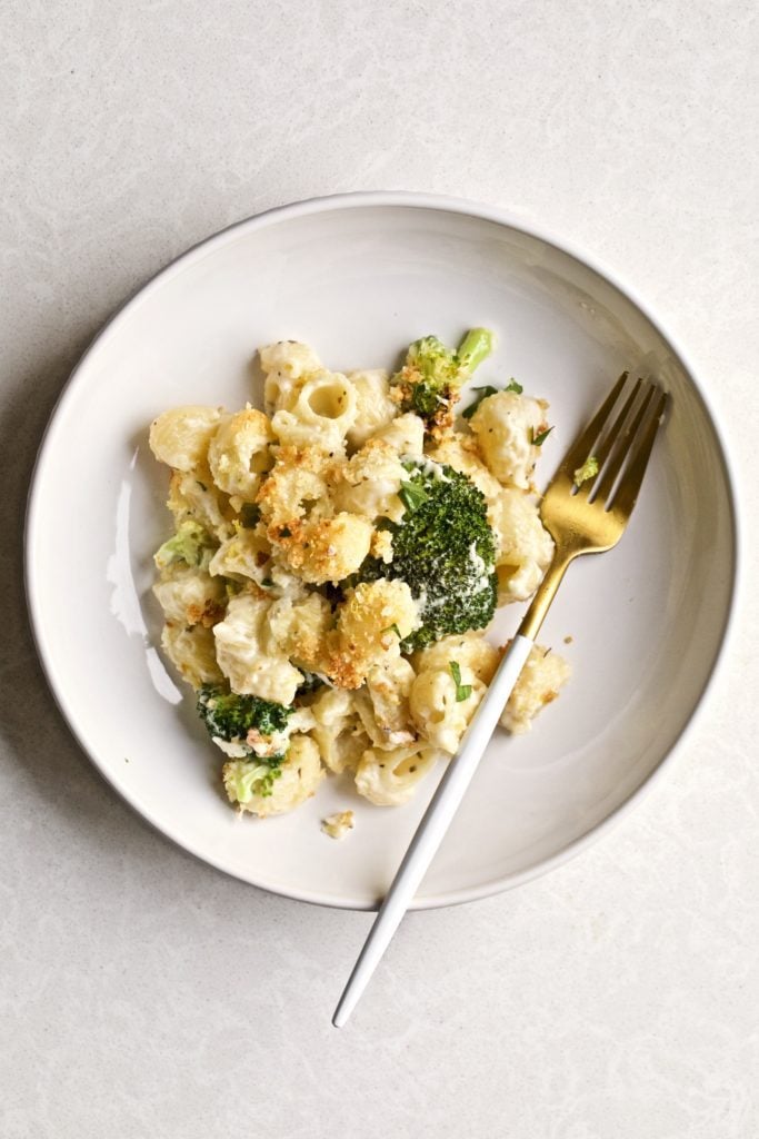 Baked Broccoli and Cheese Pasta on a plate with a fork