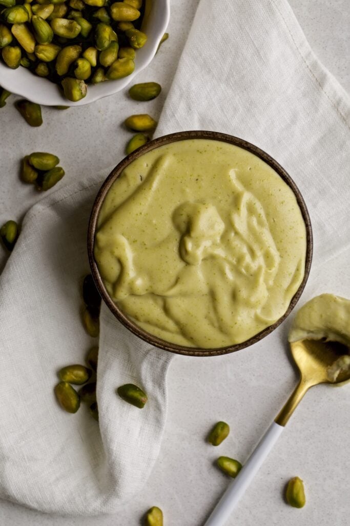 prepared pistachio cream in a sercing bowl